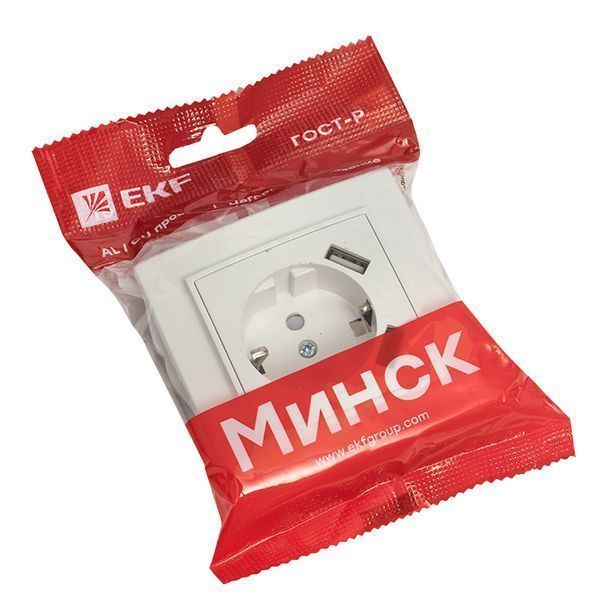 Минск Розетка 1-местная СП с/з 16А белая с защ. штор. с 2 USB 2,1А EKF