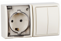 Блок розетка 2P+E 16А 250В + двухклавишный выключатель 10А 250В Simon 15 Aqua IP54 слоновая кость