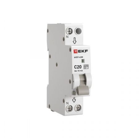 Автоматический выключатель дифференциального тока АВДТ-63М 1P+N 18мм 20А характеристика С 10мА тип AС электронный 6кА PROXIMA EKF