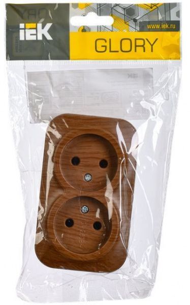 GLORY Розетка 2-местная для открытой установки без заземления без защитных шторок 10А РС22-2-ХД дуб IEK