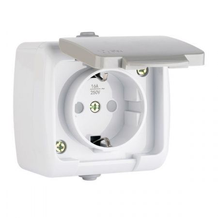 Мурманск Розетка 1-местная 16А с заземлением с крышкой IP54 серый с защитными шторками EKF