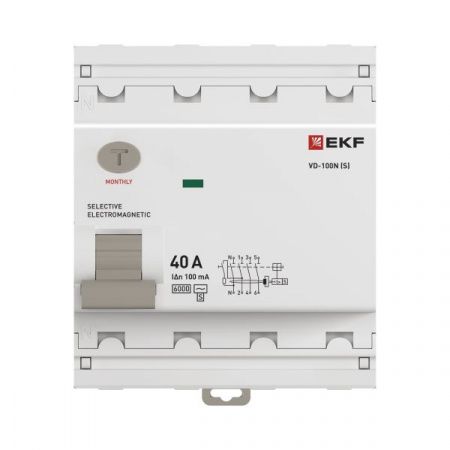 Выключатель дифференциального тока ВД-100N (S) 4P 40А 100мА тип AC эл-мех 6кА PROXIMA EKF