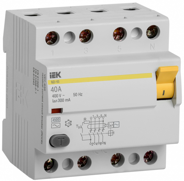 Выключатель дифференциальный (УЗО) ВД1-63 4Р 40А 300мА IEK