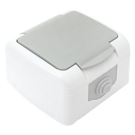 Мурманск Розетка 1-местная 16А с заземлением с крышкой IP54 серый с защитными шторками EKF